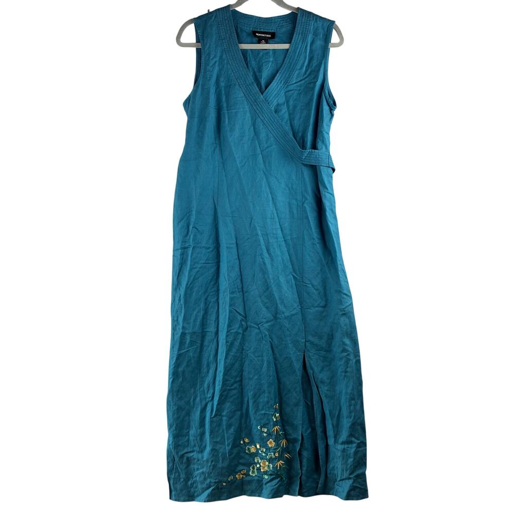 Norton Studio Linen Blend Maxi Dress Womens Medium Embroidered Cerulean Blue